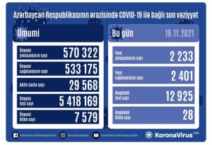 Azərbaycanda daha 2 233 nəfər koronavirusa yoluxub, 28 nəfər ölüb