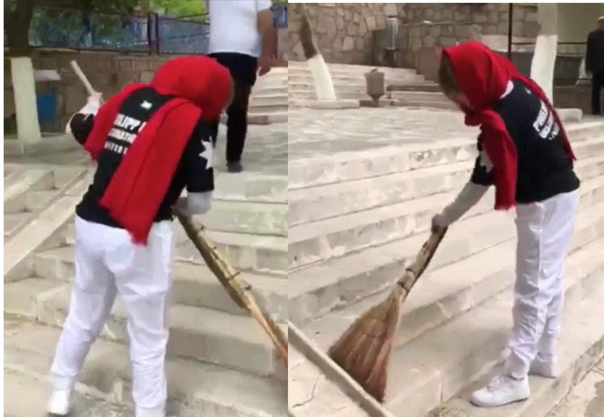 Aygün Kazımovadan alqışa layiq hərəkət:Süpürgəçi qadından süpürgəni alıb özü süpürdü