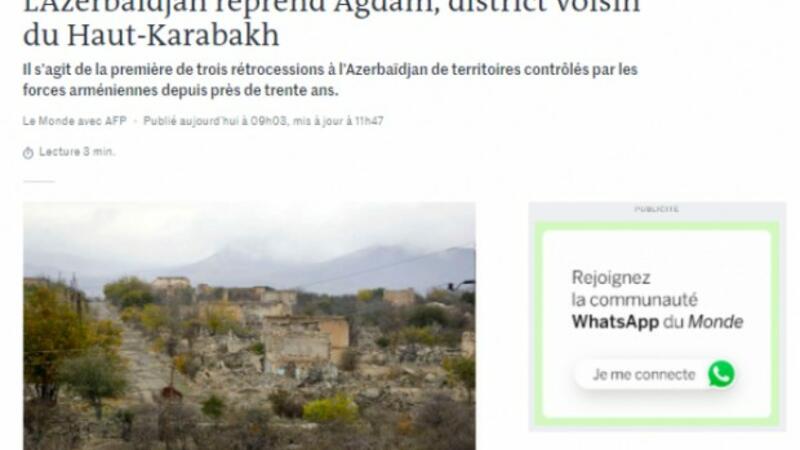 \\\"Le Monde\\\" qəzeti Ağdamın azad olunmasından yazdı