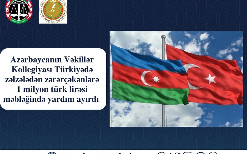 Vəkillər Kollegiyası zəlzələdən zərərçəkənlərə 1 milyon lirə yardım edib