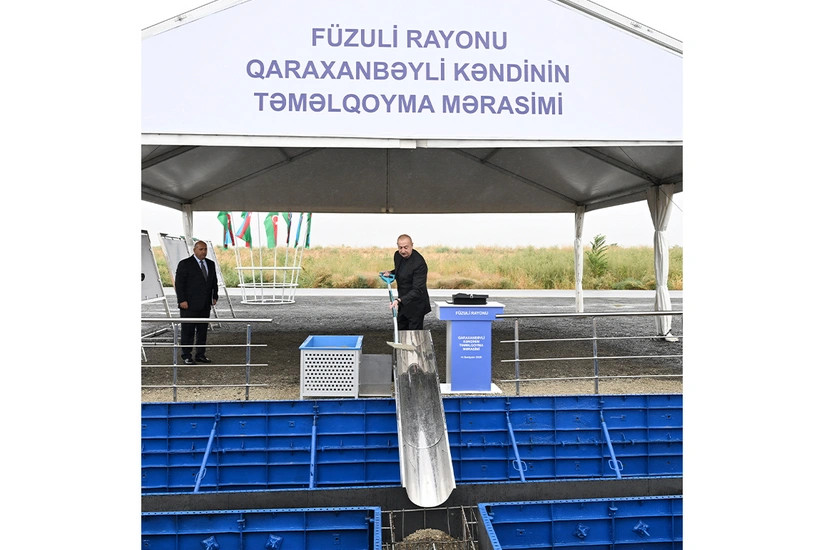 Prezident İlham Əliyev Füzuli rayonunun yeni salınacaq Qaraxanbəyli kəndinin təməlini qoyub 