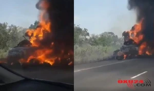 Azərbaycanda dəhşət! Maşın yolun ortasında yanıb kül oldu