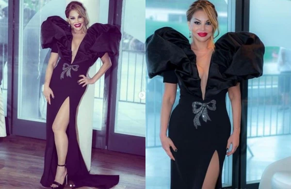 Aygünün uzun yarıqlı libasının qiyməti 3500 manatdır - Fotolar