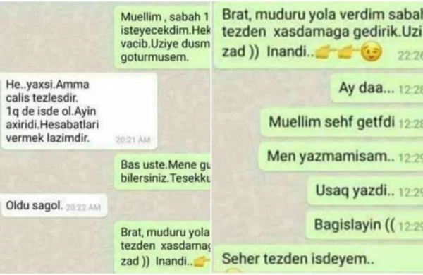 Müdirlə işçinin “WhatsApp” yazışması yayıldı - "Sabah xaşdamağa gedək..."
