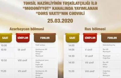 "Dərs vaxtı” verilişinin martın 25-i üçün cədvəli müəyyənləşdirilib