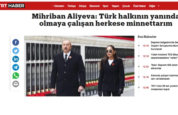 Mehriban Əliyevanın paylaşımı Türkiyə mediasının gündəmində