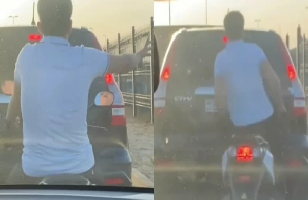 Bakıda motosikletçi oynaya-oynaya "cip"ə çırpıldı - VİDEO