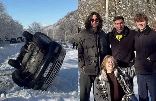 Maşın aşdı, içindəkilər çıxıb, sevinclə şəkil çəkdirdi - Video